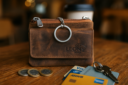 Handgemaakte hunter leren sleuteletui van LeonDesign met stevige rits en ring, ideaal voor het veilig en stijlvol opbergen van sleutels.