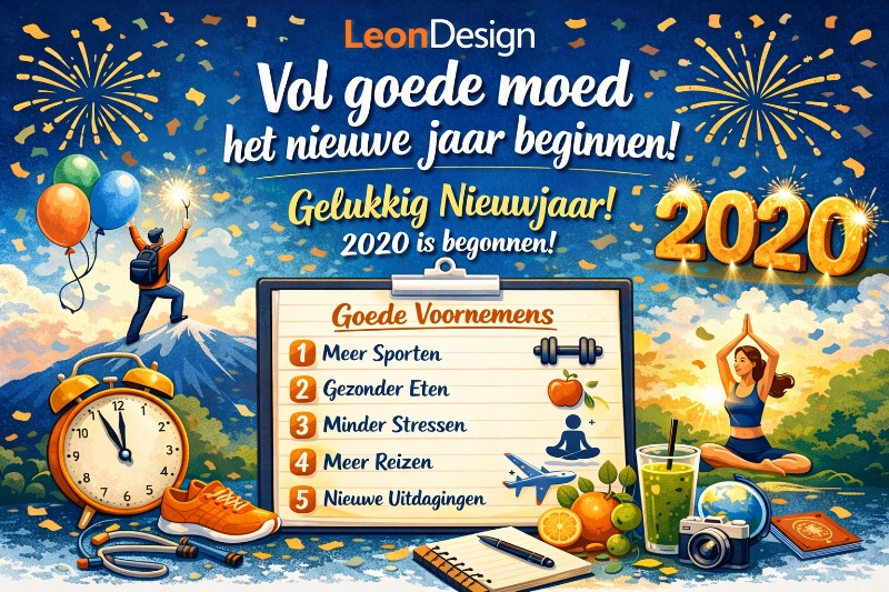 Illustratie met goede voornemens voor het nieuwe jaar 2020 met LeonDesign, inclusief doelen zoals sporten, gezond eten en reizen.