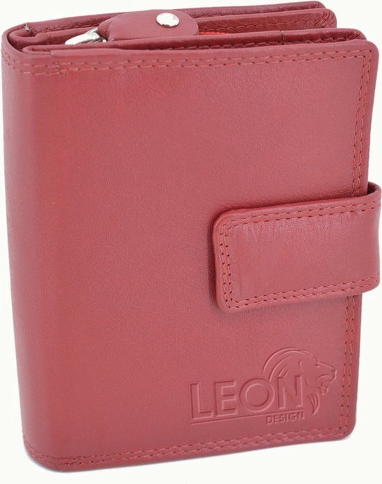 Rode leren LeonDesign ritsportemonnee met druksluiting en subtiel logo aan de voorkant.