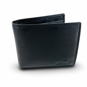 Zwarte leren heren portemonnee van Leon Design – stijlvolle en robuuste billfold met ruimte voor 16 pasjes, papiergeld en muntgeld.