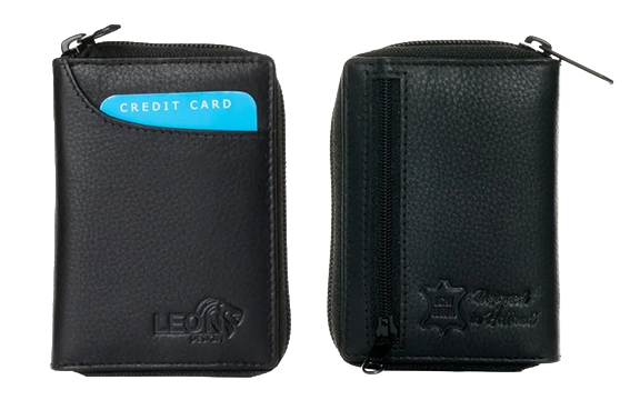 Black leather zippered card holder wallet