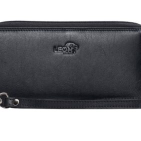LeonDesign zwarte leren damesportemonnee en clutch met ritssluiting en afneembare polsband