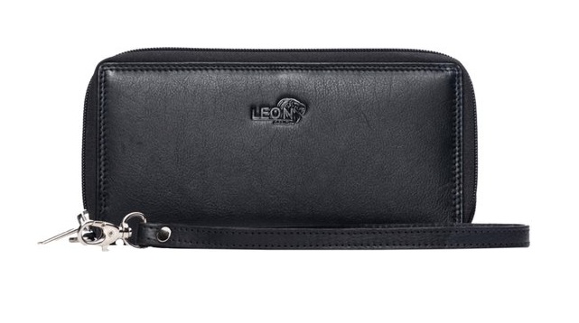 LeonDesign zwarte leren damesportemonnee en clutch met ritssluiting en afneembare polsband