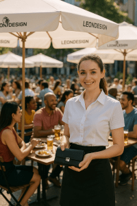 Zwarte leren kelnerportemonnee van LeonDesign met ruimte voor pasjes