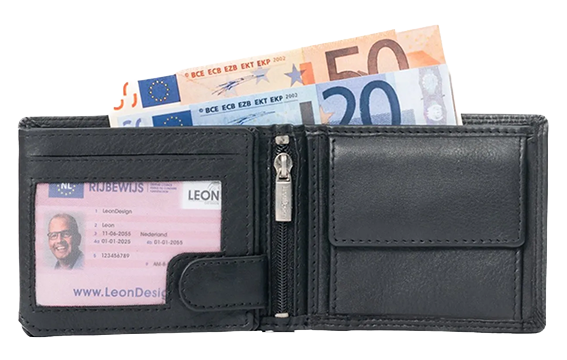 Men's leather wallet with 2 compartments for paper money