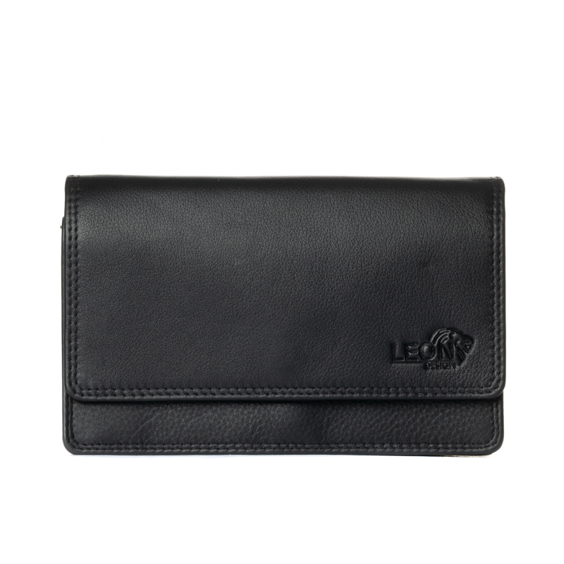 Zwarte leren dubbele klep dames portemonnee van LeonDesign met logo op de voorkant.