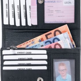 Leren dames portemonnee zwart met overslag – handgemaakt echt leer – LeonDesign