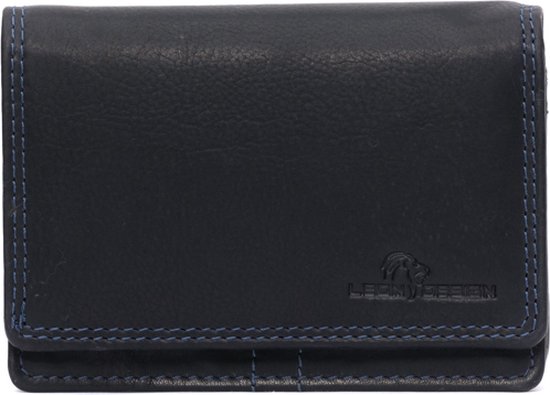Blauwe vintage leren damesportemonnee van LeonDesign met overslag, ritsvakken en ruimte voor pasjes, foto’s en papiergeld.