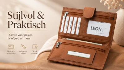 Cognac leren shagetui voor tabak met pasjesvakken, ritsvakken en briefgeldruimte van LeonDesign