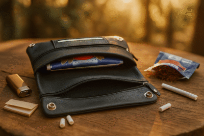 LeonDesign black leather shag pouch with a luxurious finish