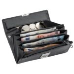 Zwarte leren kelnersbeurs met vakken voor biljetten en muntgeld