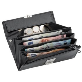 Zwarte leren kelnersbeurs met vakken voor biljetten en muntgeld