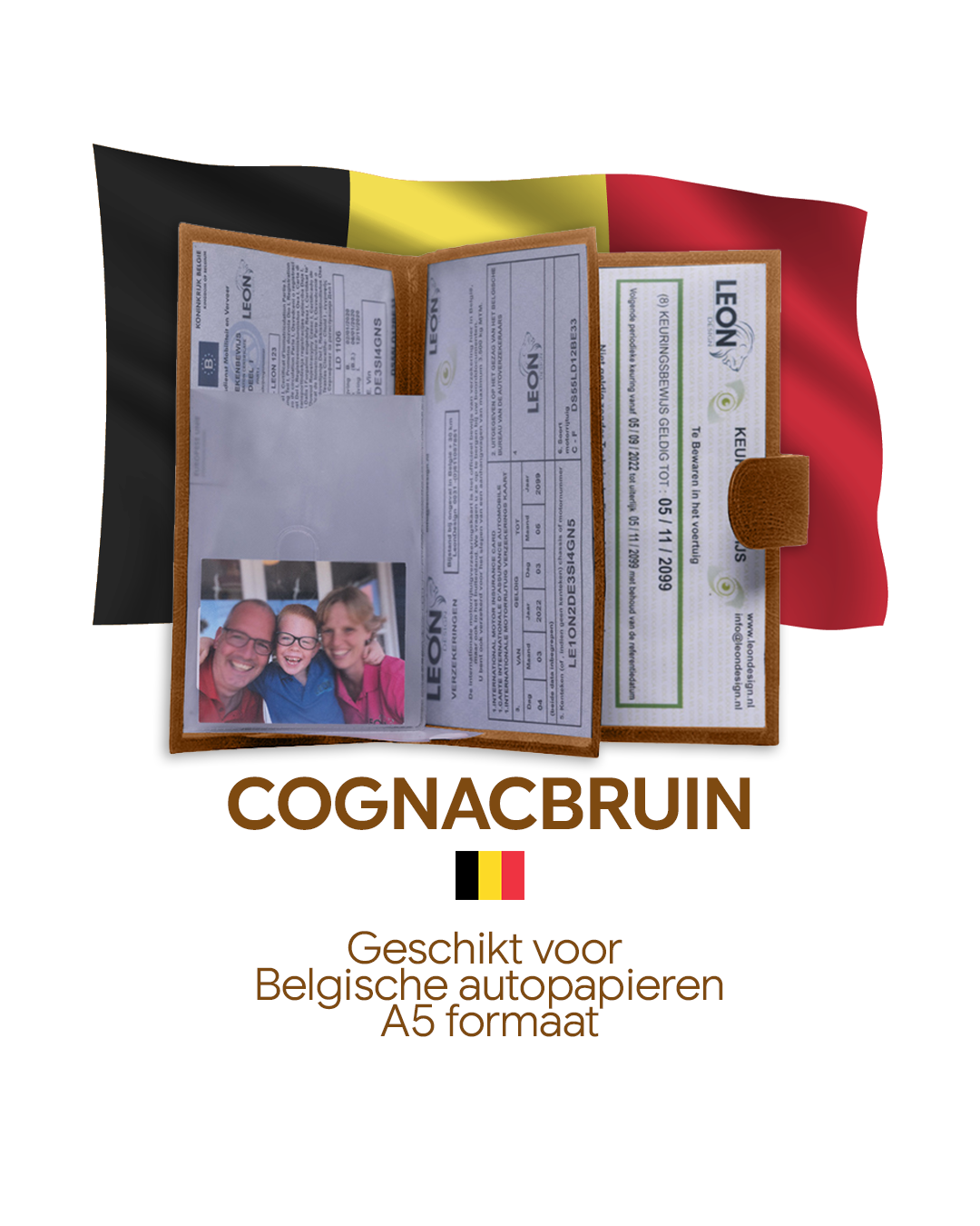 Autopapieren mapje cognac met buitensluiting voor Belgische autopapieren