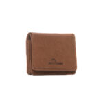 Zijkant van compacte vintage bruine leren dames portemonnee met slank ontwerp