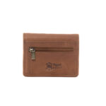 Achterkant van vintage bruine mini portemonnee dames met ritsvak voor muntgeld