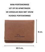 Vintage bruine mini portemonnee dames van echt leer met compacte afmetingen en ruimte voor pasjes, briefgeld en ID-kaart